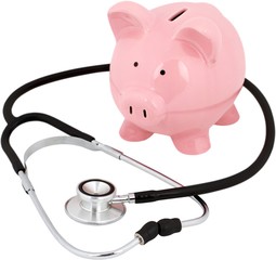 Piggy bank with a stethoscope - financial check up concept