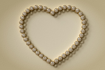Heart shaped frame  made of diamonds on sepia old paper textured background. 3D rendering