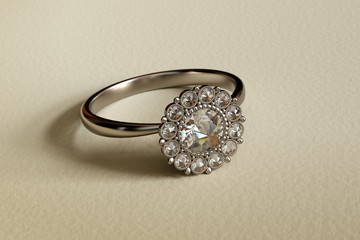 Platinum diamond ring with cluster setting, rose cut stones laying on beige textured background. 3D redering