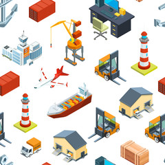 Obraz premium Vector isometric marine and sea port colored icons pattern background