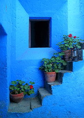Impressive vivid blue colored staircase with the red flower planters in Monastery of Santa Catalina, Arequipa, Peru 