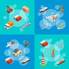 Vector isometric marine logistics and seaport concept banner web poster set illustration