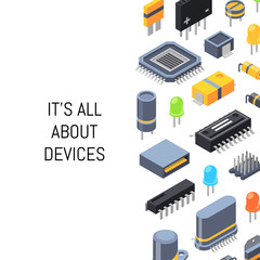 Vector banner poster with isometric microchips and electronic parts icons illustration