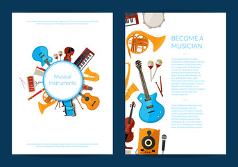 Vector cartoon musical instruments card or flyer template illustration. Collection of web banner posters