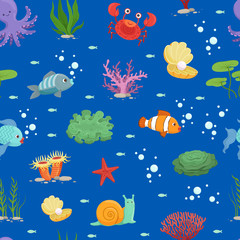 Vector cartoon colored underwater creatures and green seaweed pattern or background illustration