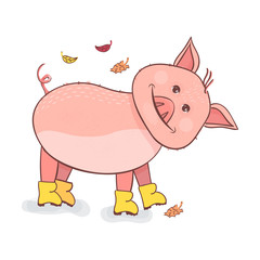 Funny Piggy symbol 2019 new year. Piggy standing in rubber boots