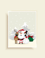 Christmas greeting card-Santa Claus, reindeer and snowman singing a Christmas carol on the north pole.Vector illustration.