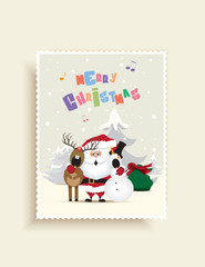 Christmas greeting card-Santa Claus, snowman and reindeer singing a Christmas carol on the north pole.Vector illustration.