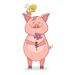 Funny Piggy symbol 2019 new year. A pig stands and holds a flower in his hands
