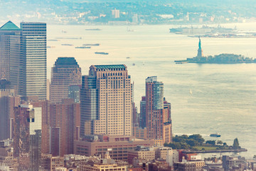 View of Manhattan from the top angle at sunset. New York City view from the top. New York City with...