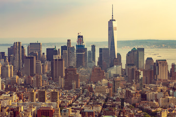 View of Manhattan from the top angle at sunset. New York City view from the top. New York City with...