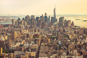 View of Manhattan from the top angle at sunset. New York City view from the top. New York City with...