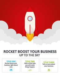 Infographic rocket starting up in a red field