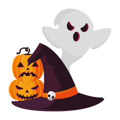 witch hat halloween with ghost and pumpkin