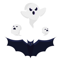 happy halloween ghosts with bats flying