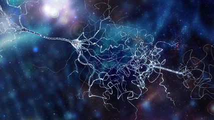 conceptual image with neuron cell in abstract space - obrazy, fototapety, plakaty