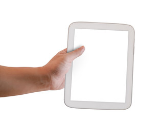 Hand of a man holding a white tablet with blank screen. Isolated on white background. Clipping Path Included.