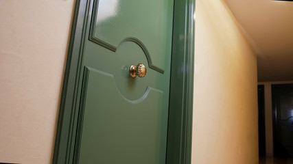 Hotel room door, accommodation rent during vacation travel, hospitality business