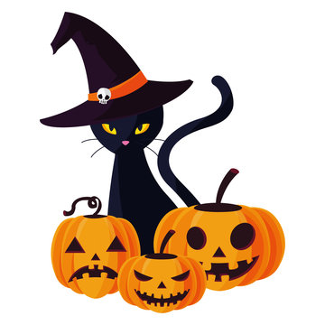 happy halloween pumpkins with cat black