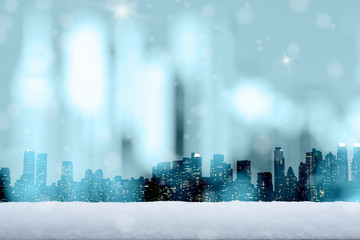 Silhouette of New York / Manhattan with falling snow and nice freezing blue tone bokeh in...