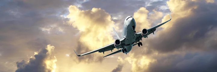 Photo sur Plexiglas Avion Avion de ligne à réaction volant dans un ciel nuageux au coucher du soleil de couleur dorée.