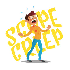 Scope creep inscription. Funny conceptual business vector cartoon illustration with screaming angry young man with glasses clenched his fists and raised their hands up isolated on white background - obrazy, fototapety, plakaty