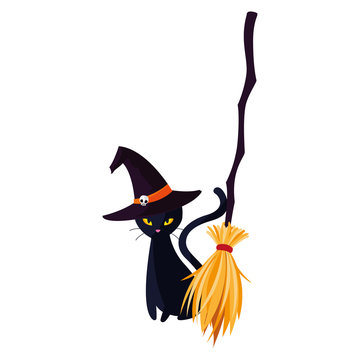 halloween black cat with witch broom