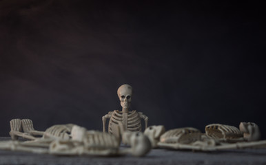 Fototapeta na wymiar Skeleton looking at other skeletons on a stone slab in the fog