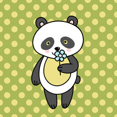 vector illustration bear panda with flower on green background