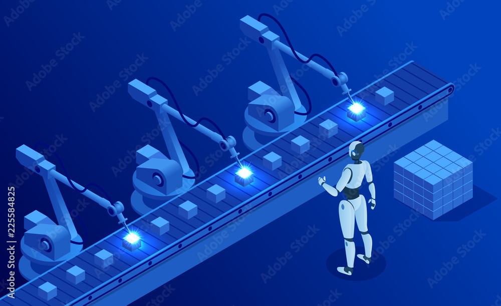 Poster isometric industry 4.0 concept. artificial intelligence. digital manufacturing operation. humanoid r