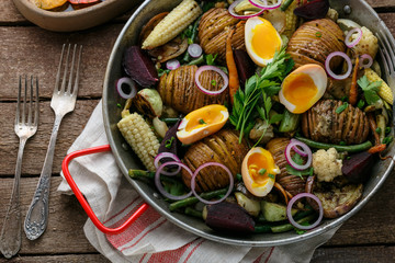Baked vegetabless in a pan, close view