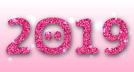 2019 Text with Cartoon pigs Nose, Pink Glitter Surface for Happy New Year
