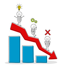 Decreasing column graph with funny stickmen and business icons. Vector.