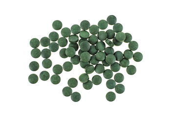 Tablets with Arthrospira or spirulina isolated on white background. Superfood.