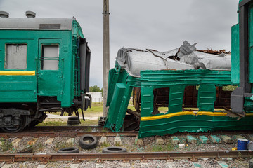 Broken train for the simulation of train accident at the training ground of the Noginsk Rescue...