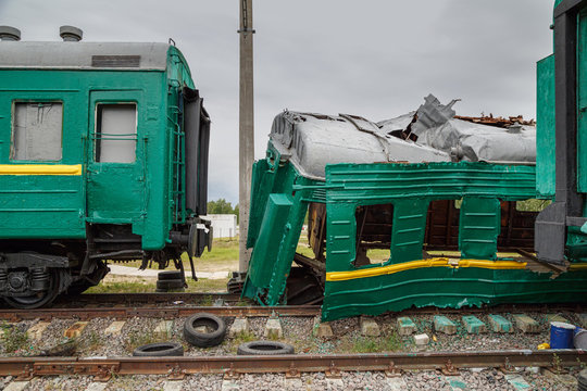 Broken train for the simulation of train accident at the training ground of the Noginsk Rescue Center. Town of Noginsk, Moscow region, Russia