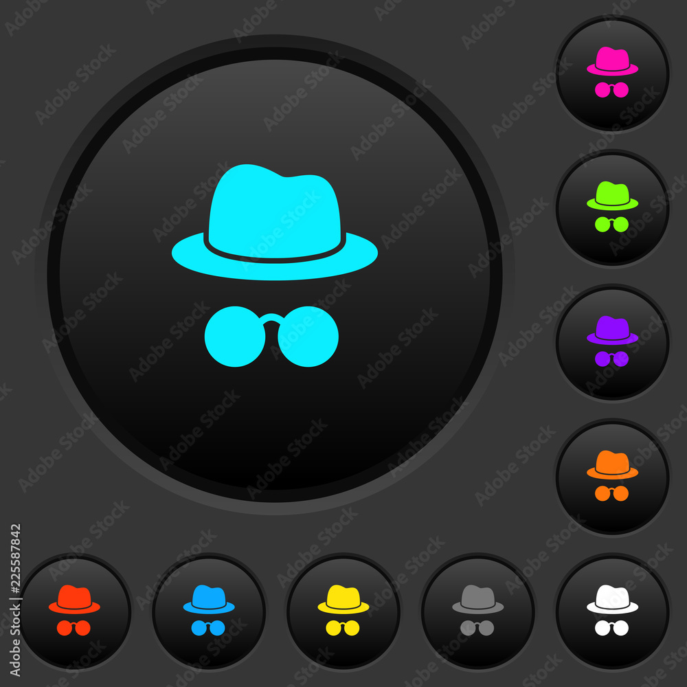 Poster incognito with glasses dark push buttons with color icons