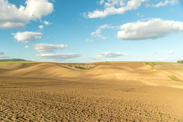 A beautiful area full of fields on the horizon is seen by the sun and in the middle of the field road and is captured by the dark car passing through the camera in super slow motion.