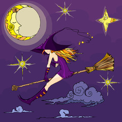 Halloween Witch flying on a broom Funny character Isolated element from the set for a festive design and advertising Vector illustration