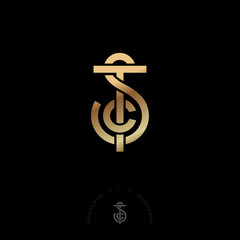 S, T and C letters. S, T, C monogram consist of gold line like anchor. Intertwined letters, isolated on a dark background. Monochrome option.