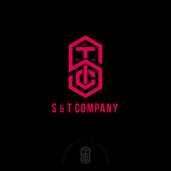 S, T and C letters. S, T, C monogram consist of red line. Intertwined letters, isolated on a dark background. Monochrome option.