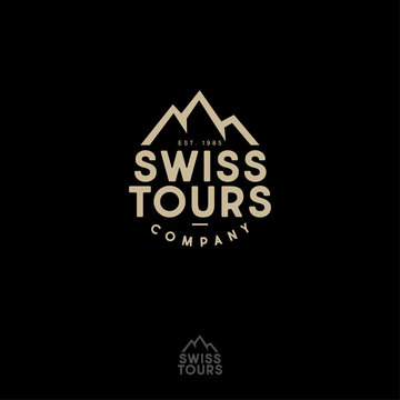 Mountains peaks and letters. Swiss Tours Company logo. Gold emblem for alpinism, ski resort or mountain tourism.