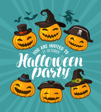 Halloween party, invitation. Holiday banner. Cartoon vector illustration