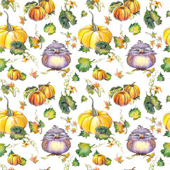 Seamless pattern with owls, pumpkins, sunflowers, leaves and branches. Watercolor on white background.