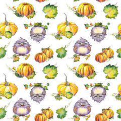 Seamless pattern with owls, pumpkins, flowers, leaves and branches. Watercolor on white background.