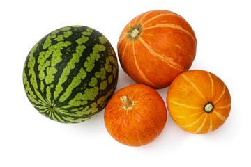 Watermelon and three pumpkins on a white background