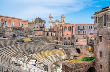 The roman theater in Catania, with the Church of St. Francis of Assisi on the background. Sicily....