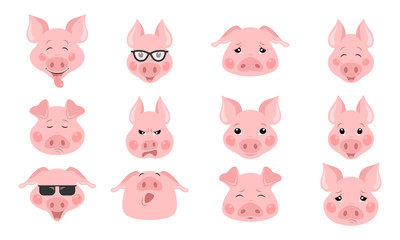 Collection of funny pig emoticon characters in different emotions. Vector set