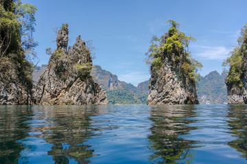 Three epic limestone cliffs at Cheow Lan lake ,Khao Sok National Park,Suratthani,Thailand.