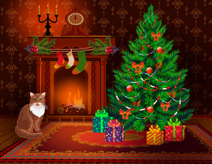 New Year and Merry Christmas cozy interior with domestic cat. Decorated christmas tree and gift box in the room with a fireplace. 